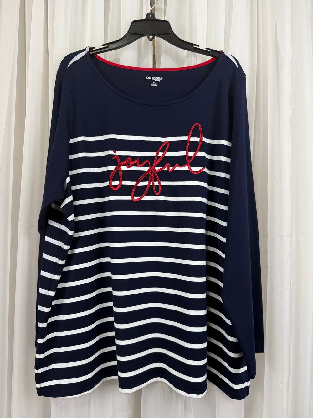 Kim Rogers Curvy 2X Joyful Embroidered Striped Tunic Top 100% Cotton Long Sleeve